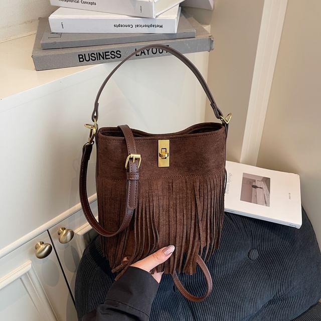 Pouch Suede Bag Crossbody Fringe Plain Faux With