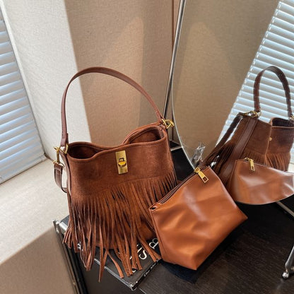 Pouch Suede Bag Crossbody Fringe Plain Faux With