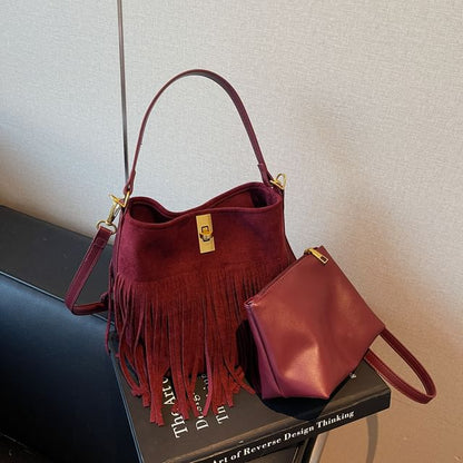 Pouch Suede Bag Crossbody Fringe Plain Faux With