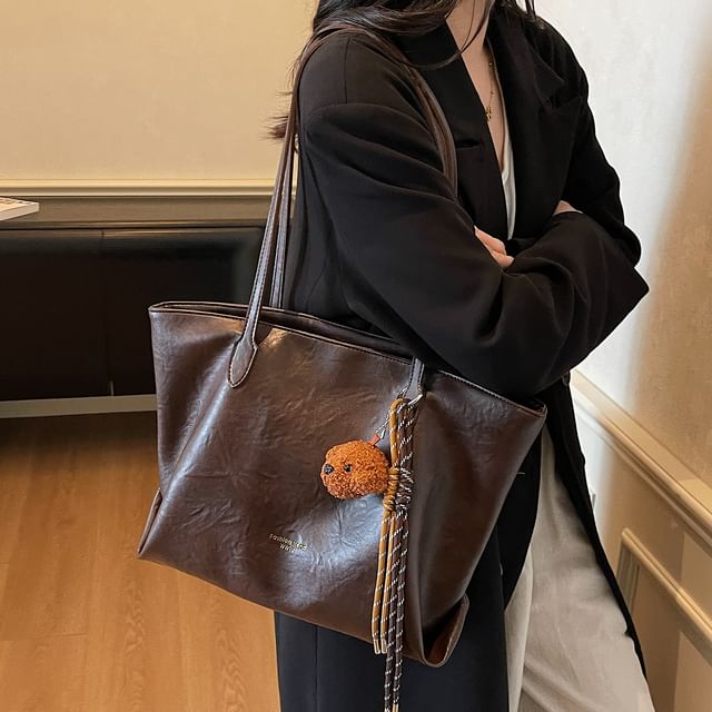 Bag Faux Charm Tote With Leather Plain