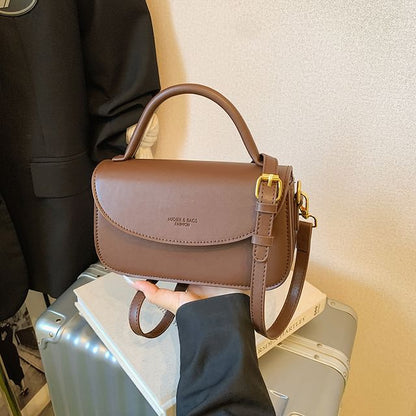 Leather Crossbody Bag Faux Flap Handle Plain Top