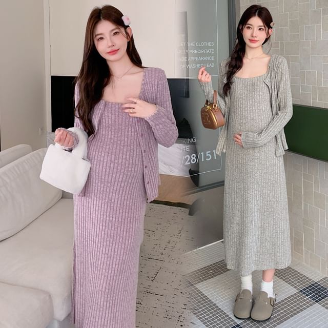 Maternity Set: Spaghetti Strap Melange Ribbed Midi Straight Dress + Round Neck Cardigan