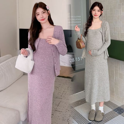 Maternity Set: Spaghetti Strap Melange Ribbed Midi Straight Dress + Round Neck Cardigan