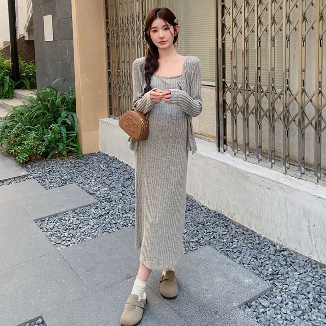 Maternity Set: Spaghetti Strap Melange Ribbed Midi Straight Dress + Round Neck Cardigan