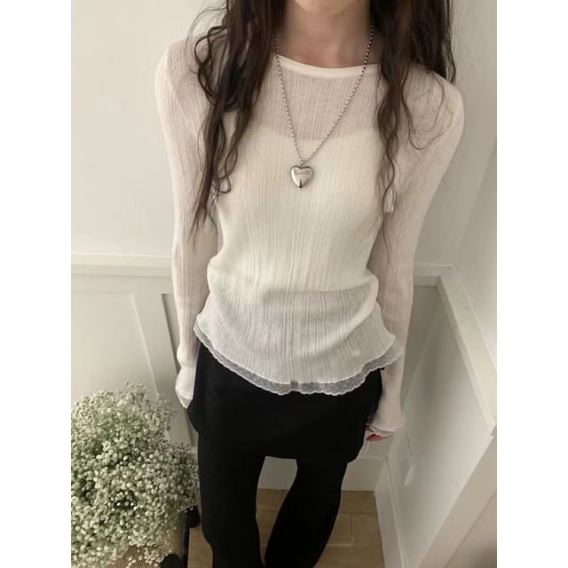 Crew Neck Knit Top with Lace Trim and Long Sleeves