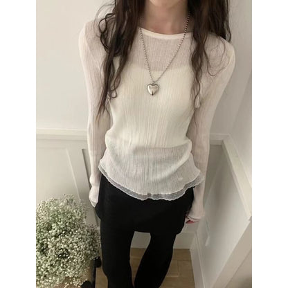 Crew Neck Knit Top with Lace Trim and Long Sleeves