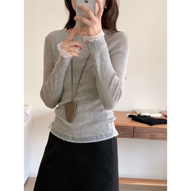 Crew Neck Knit Top with Lace Trim and Long Sleeves
