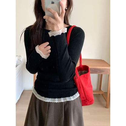 Crew Neck Knit Top with Lace Trim and Long Sleeves