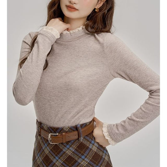 Slim-Fit Long-Sleeved Solid Top with Ruffled Trim
