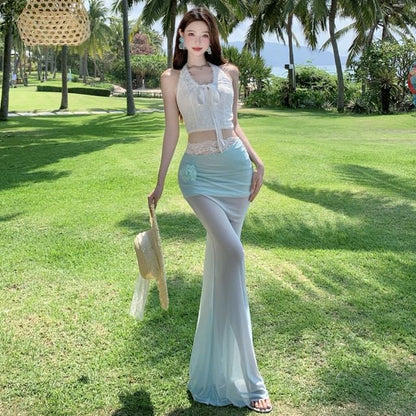 Sleeveless Lace Crop Top and Gradient Fishtail Skirt