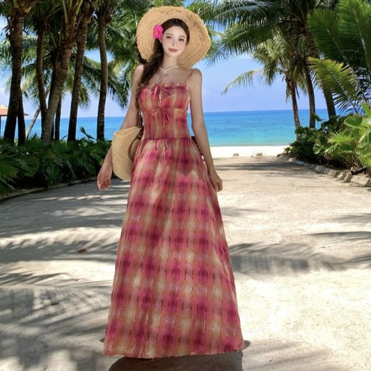 Spaghetti Strap Plaid Maxi A-Line Dress