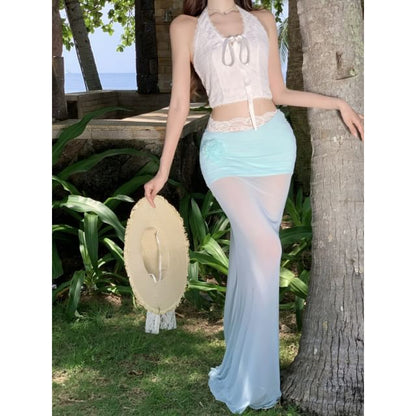 Sleeveless Lace Crop Top and Gradient Fishtail Skirt
