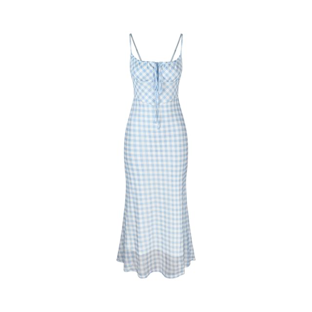 Spaghetti Strap Square Neck Plaid Maxi Bodycon Dress