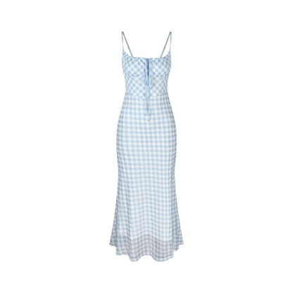 Spaghetti Strap Square Neck Plaid Maxi Bodycon Dress