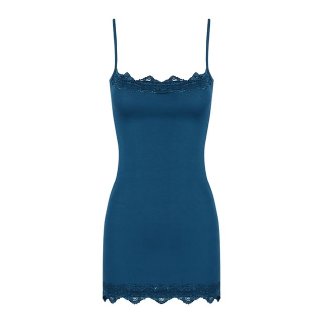 Spaghetti Strap Scoop Neck Plain Lace Trim Mini Bodycon Dress