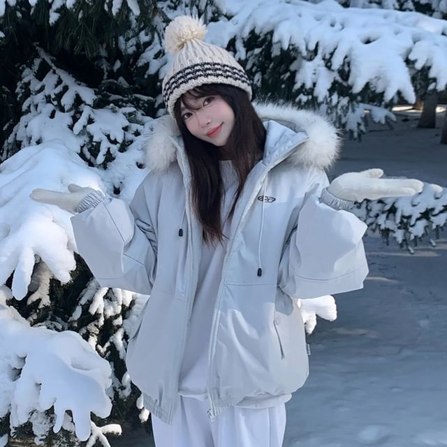 Furry Trim Hooded Padded Zip-Up Jacket