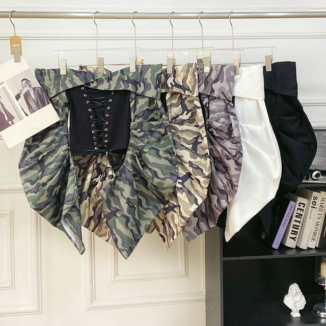 Off-Shoulder Camo Print Lace-Up Top with Long Sleeves