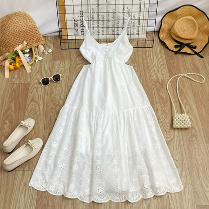 Spaghetti Strap Midi A-Line Eyelet Lace Dress