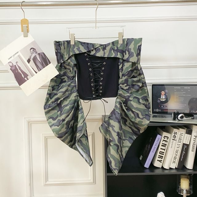 Off-Shoulder Camo Print Lace-Up Top with Long Sleeves