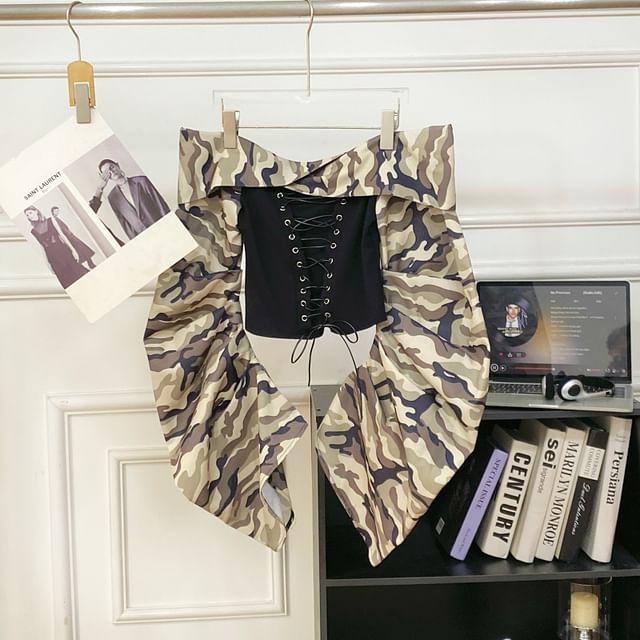 Off-Shoulder Camo Print Lace-Up Top with Long Sleeves