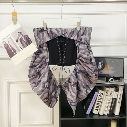 Off-Shoulder Camo Print Lace-Up Top with Long Sleeves