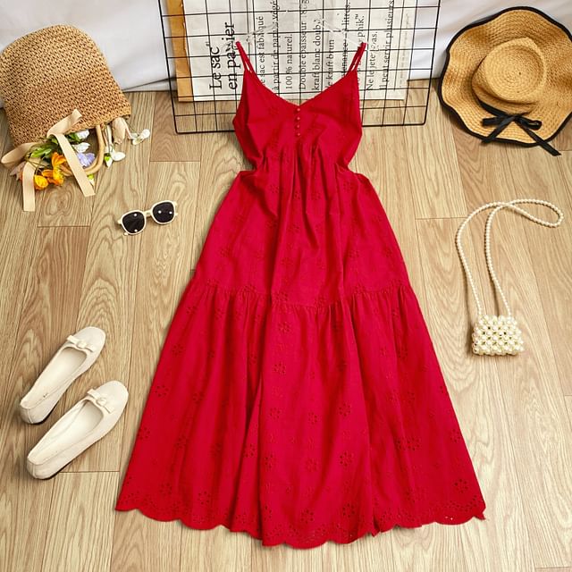 Spaghetti Strap Midi A-Line Eyelet Lace Dress