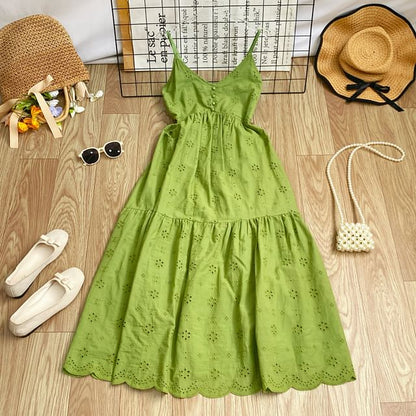 Spaghetti Strap Midi A-Line Eyelet Lace Dress