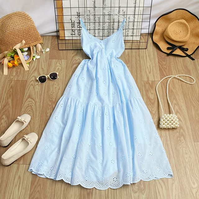 Spaghetti Strap Midi A-Line Eyelet Lace Dress