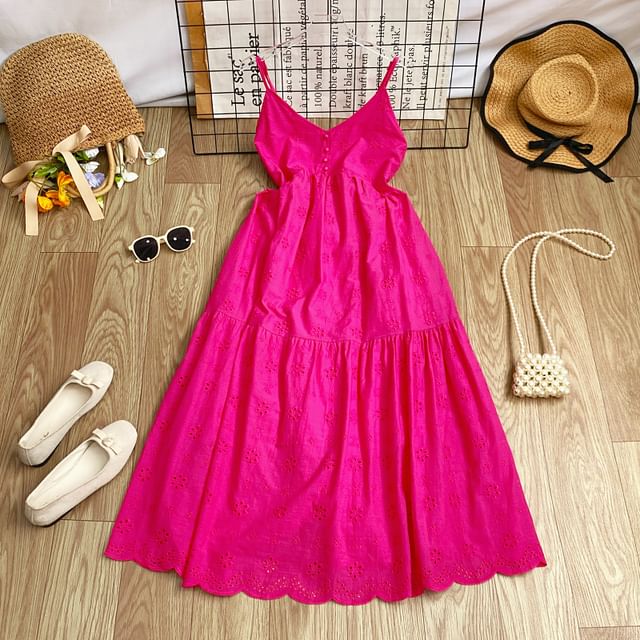 Spaghetti Strap Midi A-Line Eyelet Lace Dress