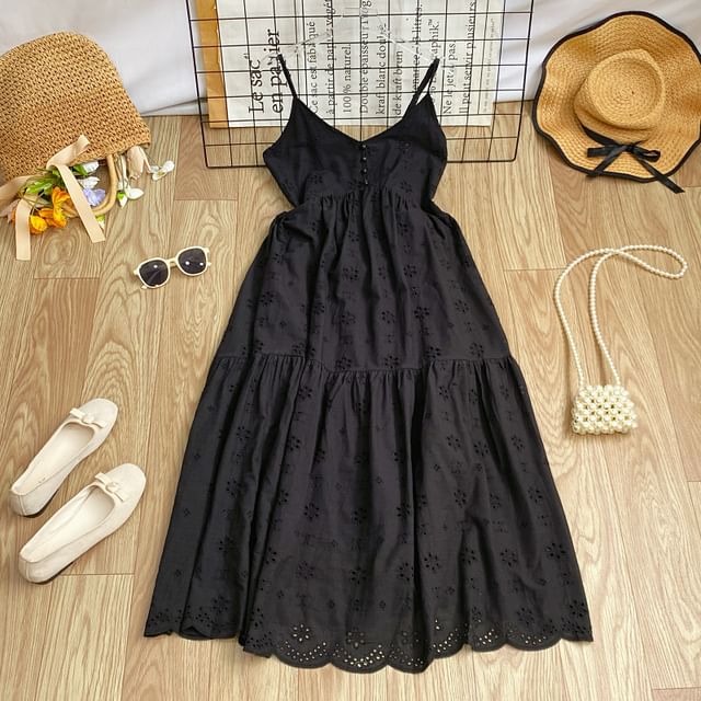 Spaghetti Strap Midi A-Line Eyelet Lace Dress