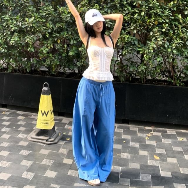 Lace Panel Ruffle Hem Corset Cami Top and Baggy Pants
