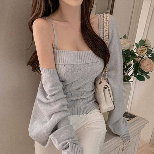 Solid Cardigan & Cable-Knit Camisole Top Set