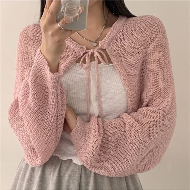 Cropped Lace-Up Solid Cardigan