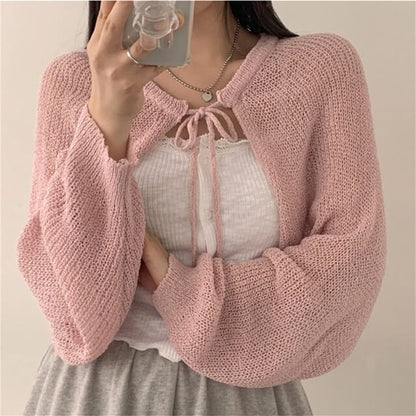 Cropped Lace-Up Solid Cardigan