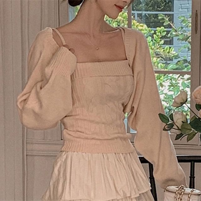 Solid Cardigan & Cable-Knit Camisole Top Set