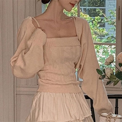 Solid Cardigan & Cable-Knit Camisole Top Set