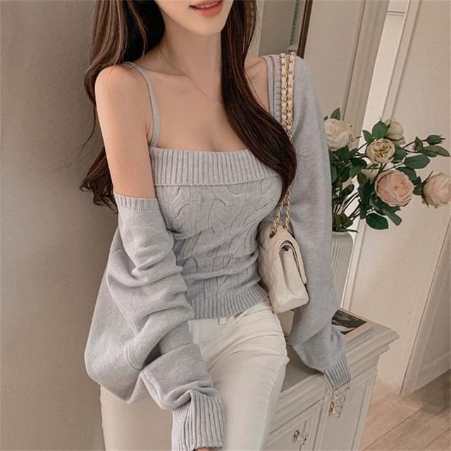 Solid Cardigan & Cable-Knit Camisole Top Set