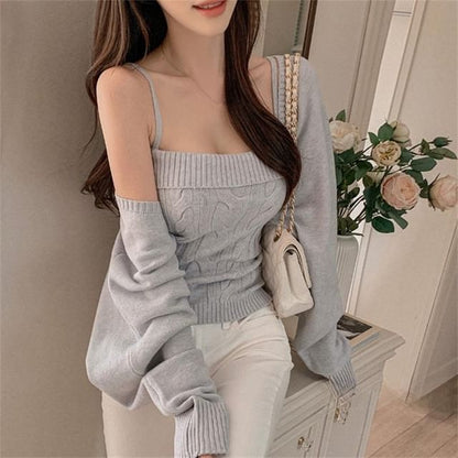 Solid Cardigan & Cable-Knit Camisole Top Set