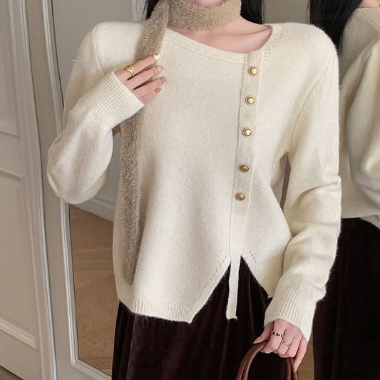 Button-Detail Sweater with Asymmetrical Neckline in Solid Color Style