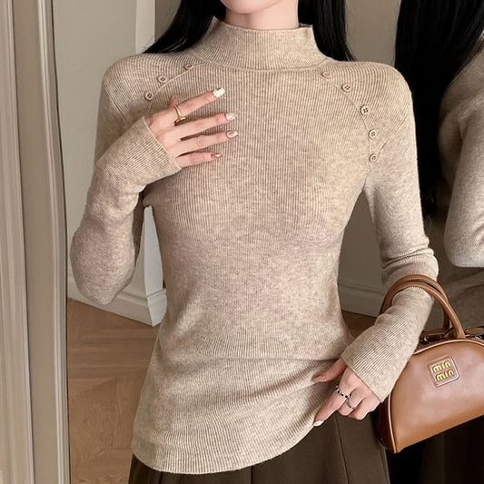 Ribbed Knit Top with Button Detail Mock Neck and Long Sleeves