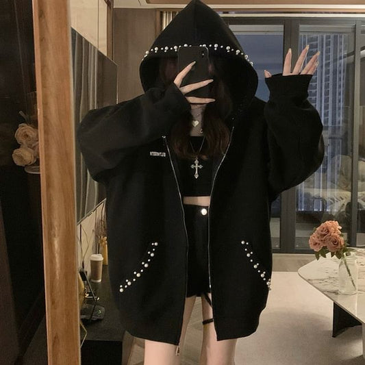 Beaded Faux Pearl Hoodie with Zip Front in Solid Color Style