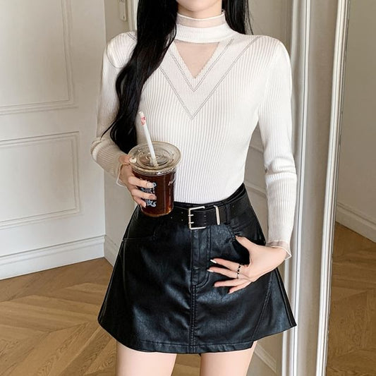Ribbed Knit Top with Mock Neck Rhinestone Mesh Panel and Long Sleeves