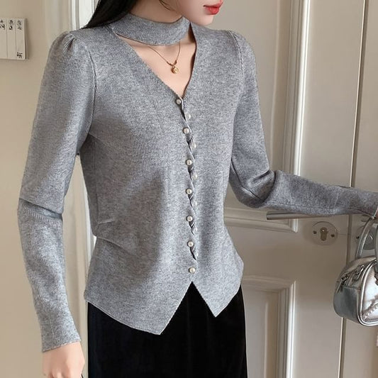 Cutout Faux-Pearl Mock-Neck Long-Sleeved Solid Knit Top