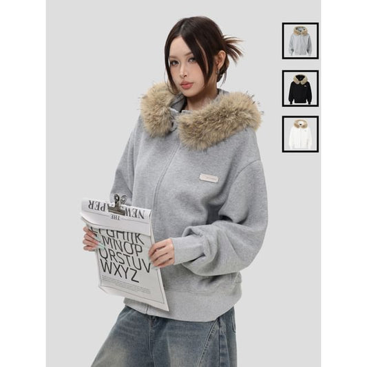 Unisex Detachable Faux Fur-Trim Zip Hoodie