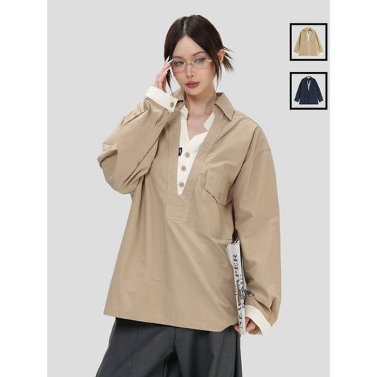 Unisex Loose V-Neck Shirt with Mock Two-Piece Design