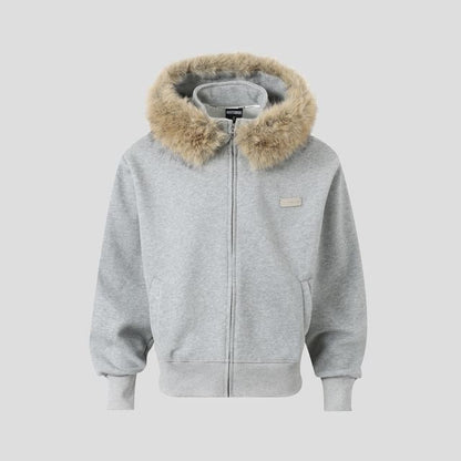 Unisex Detachable Faux Fur-Trim Zip Hoodie