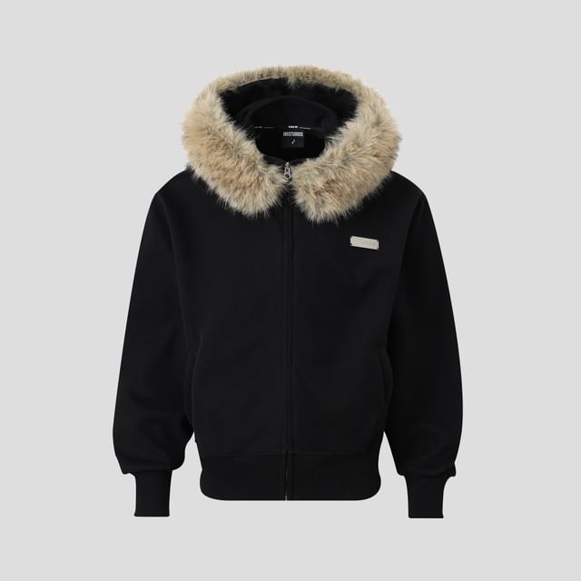 Unisex Detachable Faux Fur-Trim Zip Hoodie