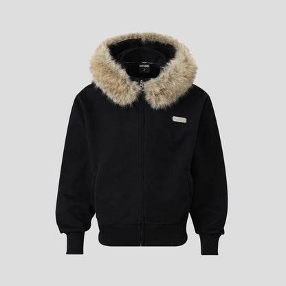 Unisex Detachable Faux Fur-Trim Zip Hoodie