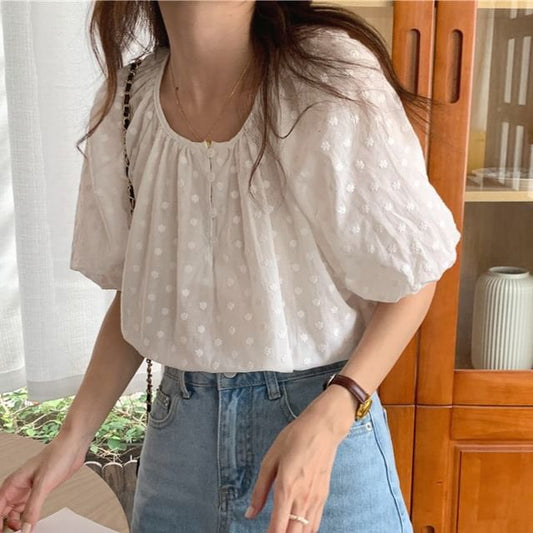 Dotted Notched-Collar Blouse with Short Sleeves and Polka Pattern