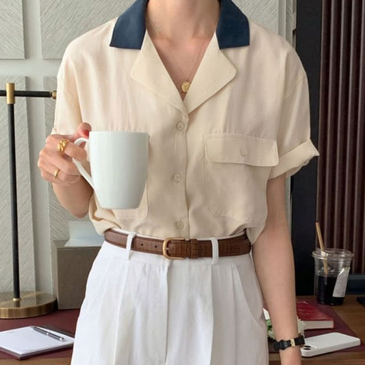 Two-Tone Short-Sleeve Shirt with Pockets and Colorblock Design